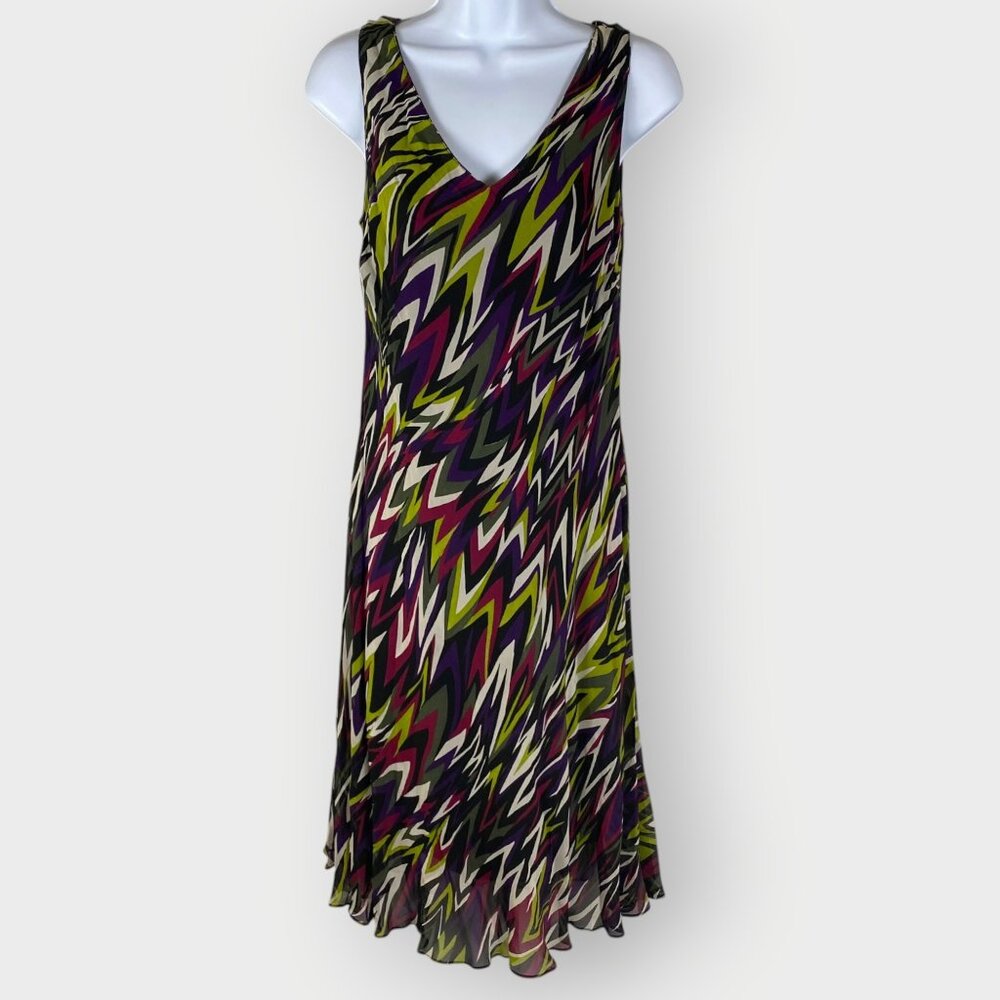 Vtg Eva Blue Slip Dress | 10P | Abstract Chiffon | Maximalist Groovy Psychedelic